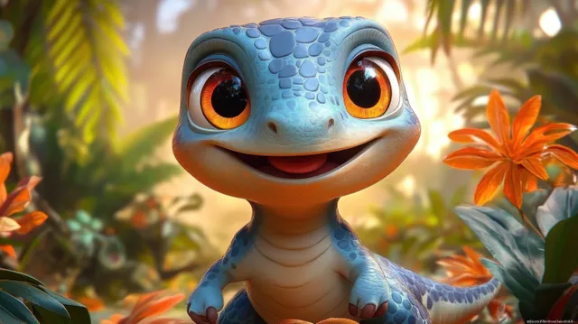 A blue reptile with orange eyes smiles in a sunlit garden beside orange flowers and green leaves.