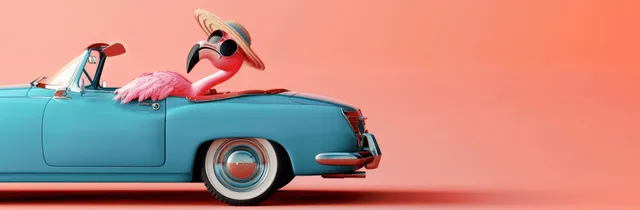 Pink flamingo wearing sunglasses riding in a blue convertible cabrio on a pastel peach background.