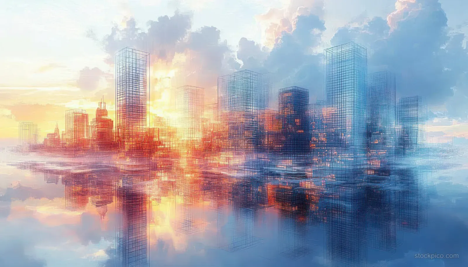 Futuristic skyline towers with reflections on water and translucent blueprint planning lines at sunset.