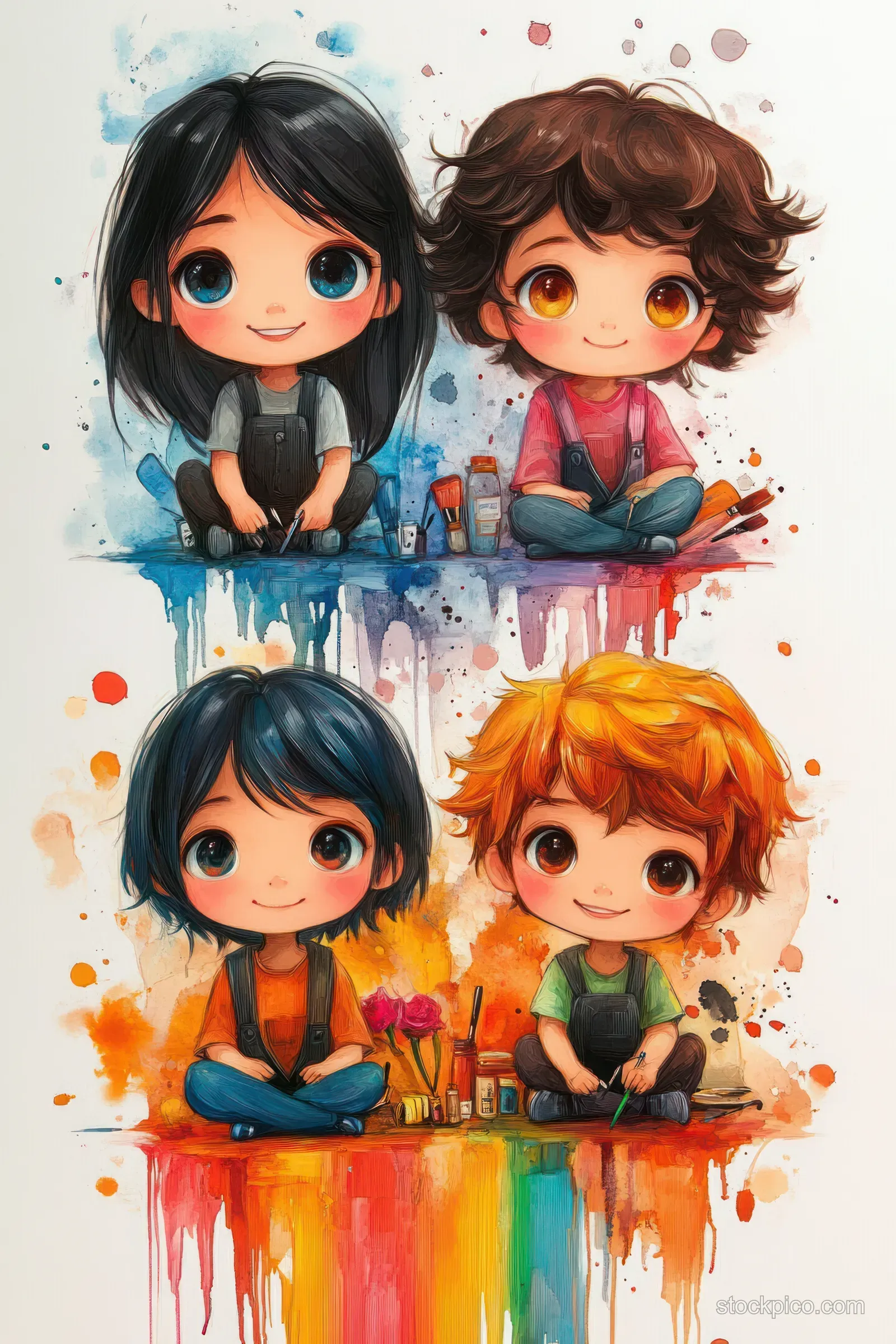 Four children sit cross-legged with paint supplies as colorful watercolor splatters cover the background.