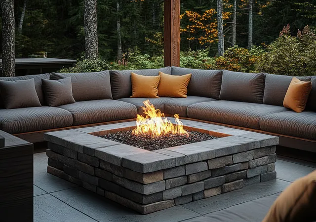 Grey outdoor sectional sofa with orange pillows circles a stone fire pit burning in a forest courtyard.