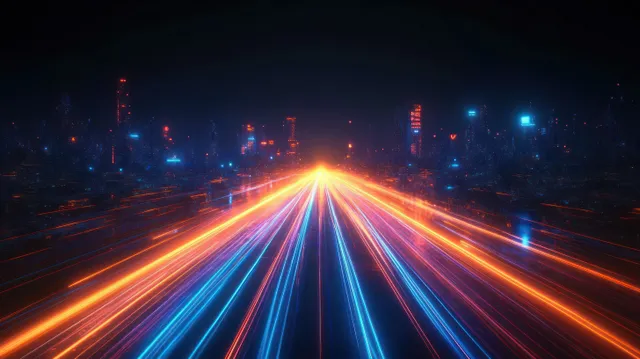 Cyberpunk neon city night with glowing fiber-light lanes converging toward data transmission hub