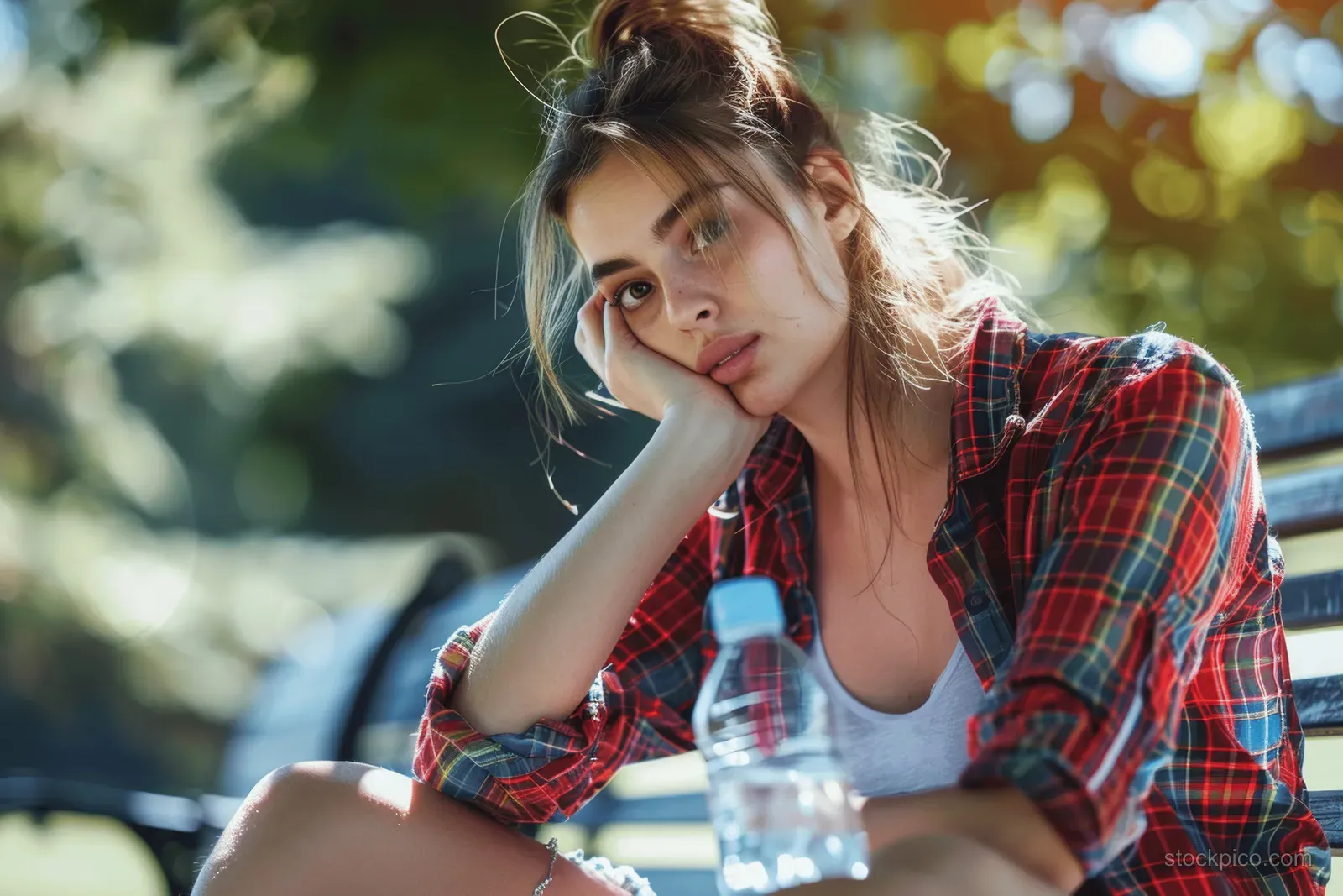 Exhausted woman in red plaid shirt sits on a park bench holding a water bottle and wiping sweat in hot sunlight.
