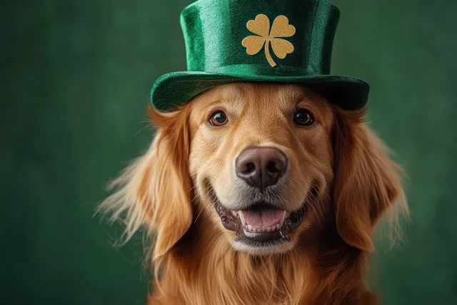 Golden retriever smiling at the camera wearing a shiny green hat with a golden four-leaf clover on a green background.