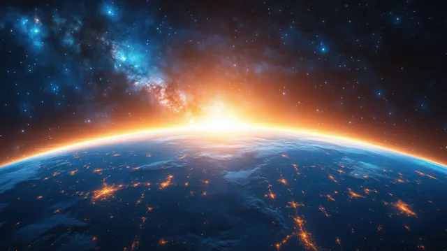 Sunrise on Earth viewed from space, glowing city lights beneath layered clouds with Night To Day Transition