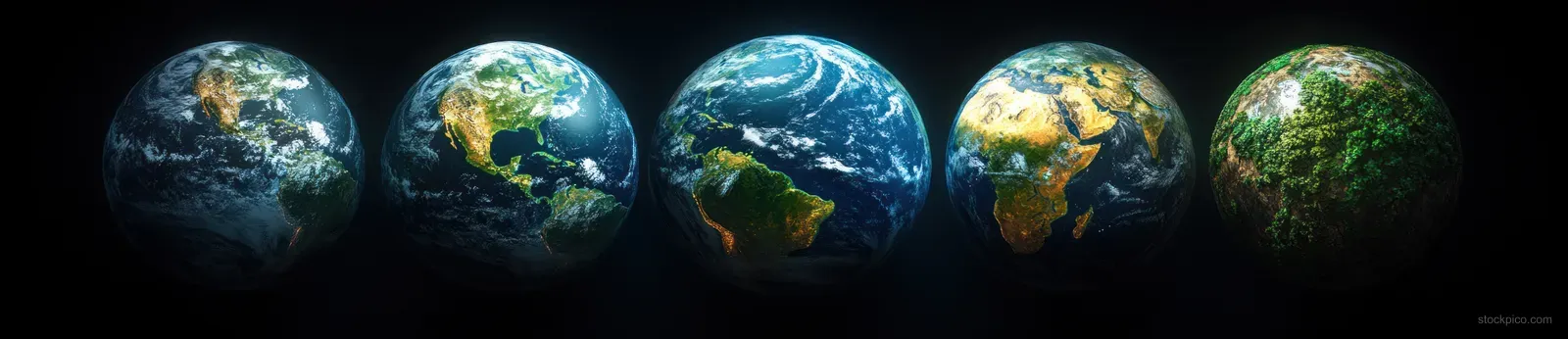 Multiple small Earth globes showing vibrant oceans and cloud-lit continents on a dark space background.