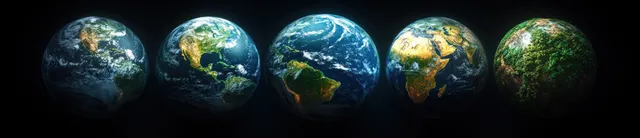 Multiple small Earth globes showing vibrant oceans and cloud-lit continents on a dark space background.