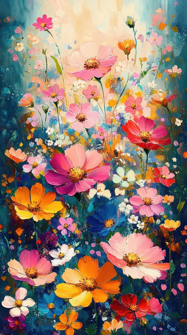 Colorful wildflowers bloom in a lush meadow with bright orange, pink, and yellow petals under a dreamy blue glow.