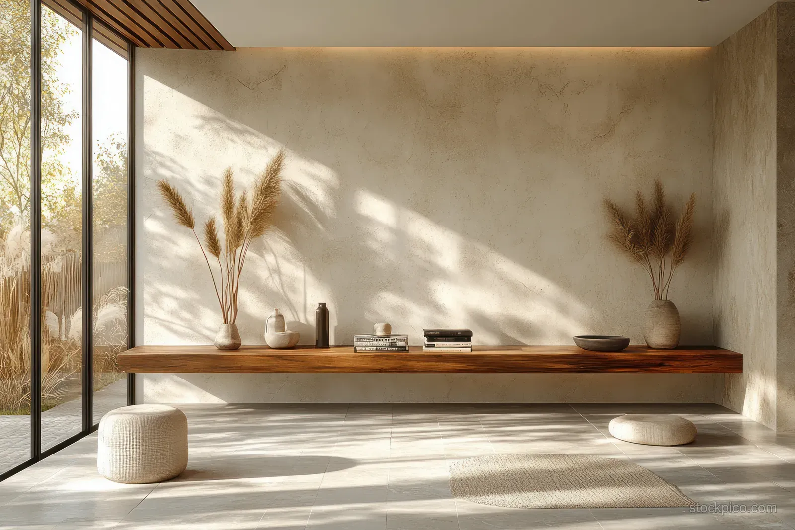 Minimalist living room corner showing a wooden console with books, small decor, greenery, and sunlit shadows from the window.
