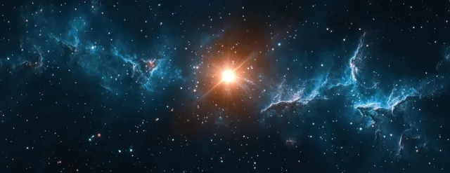 A bright star shines over a Bethlehem nativity scene within a deep blue nebula-filled night sky.