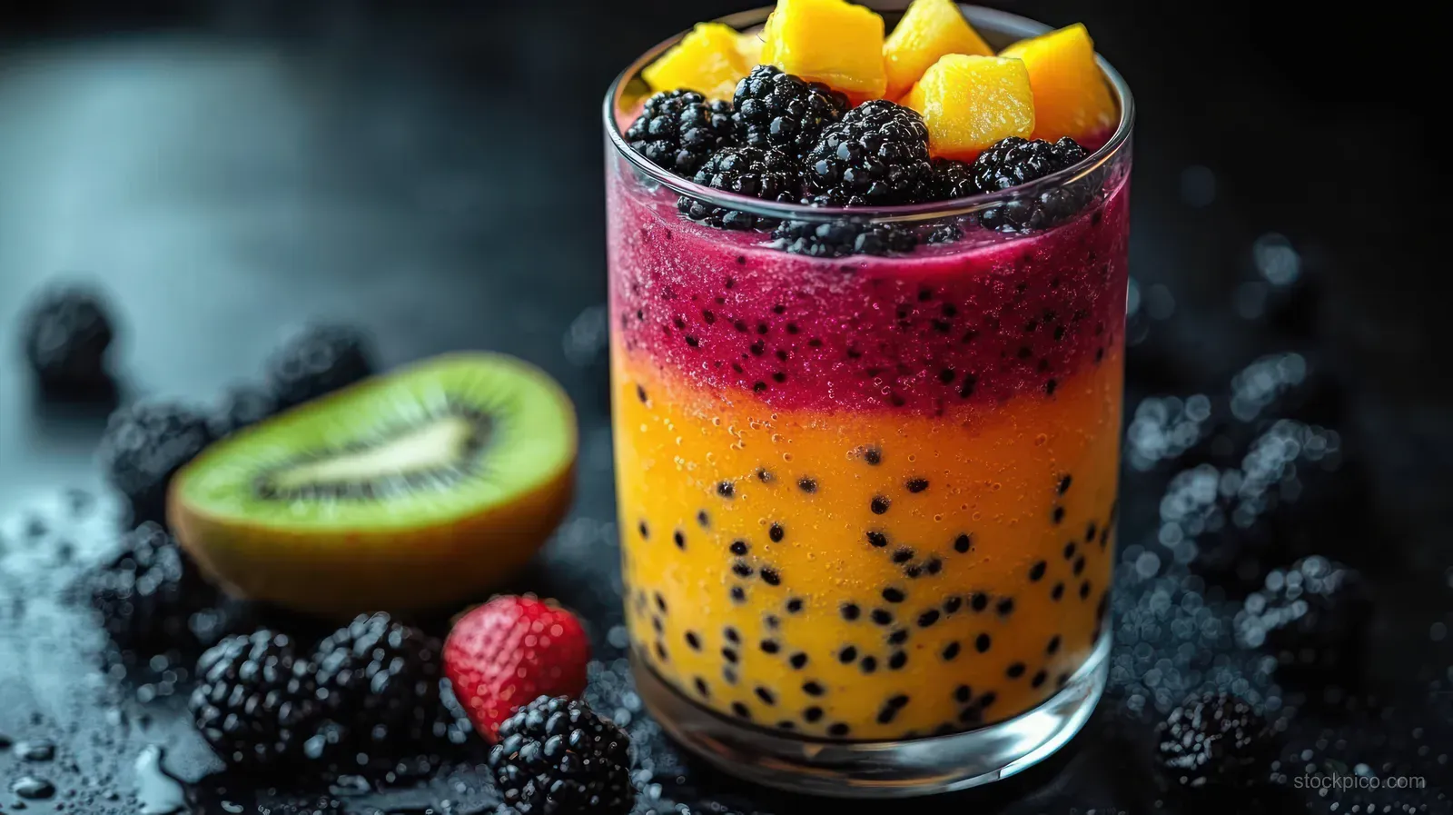 Layered mango, blackberry, and kiwi smoothie in a glass on a dark background with berry and fruit slices.