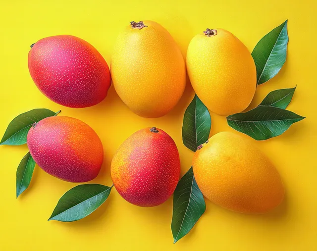 Ripe mango and mango slices arranged as a vibrant still life on yellow backdrop