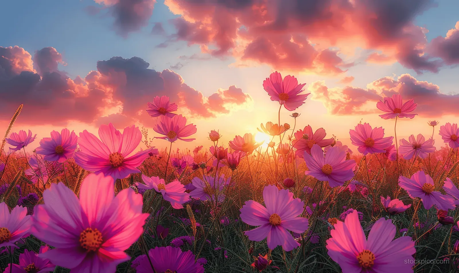 Pink and purple cosmos flowers sway in a meadow as sunset light and pastel clouds fill the sky.
