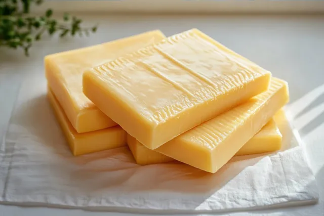 Stacked yellow cheese blocks rest on a white cloth under soft natural light.