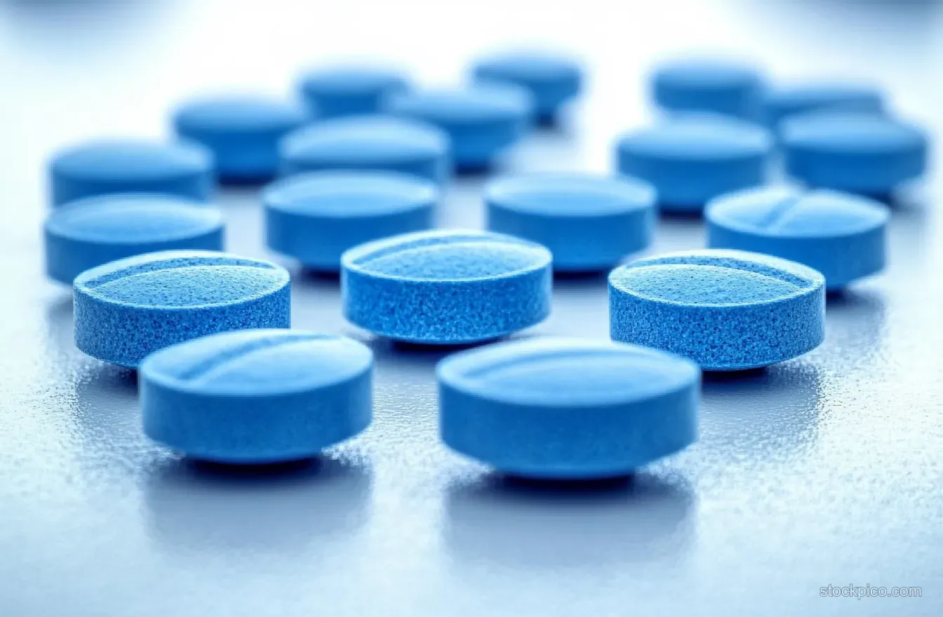 Blue round tablets scattered on a reflective surface in a close-up with shallow depth of field.