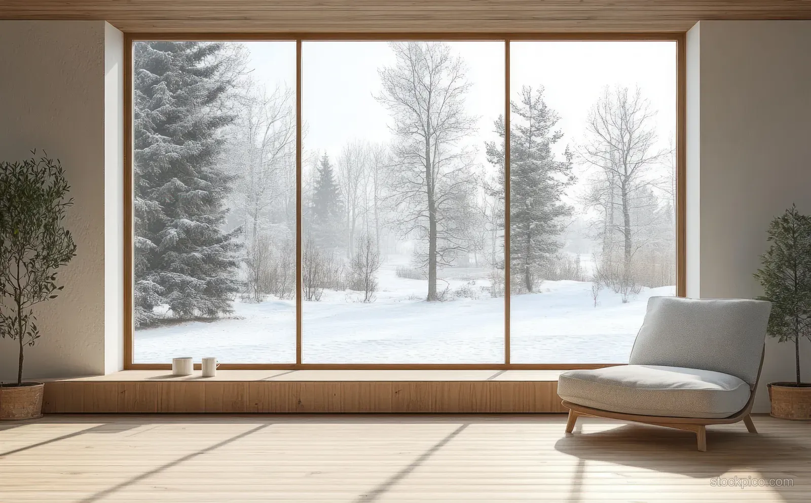 Minimalist living room with a chair and low table, framed by wide windows showing snowy trees outside.