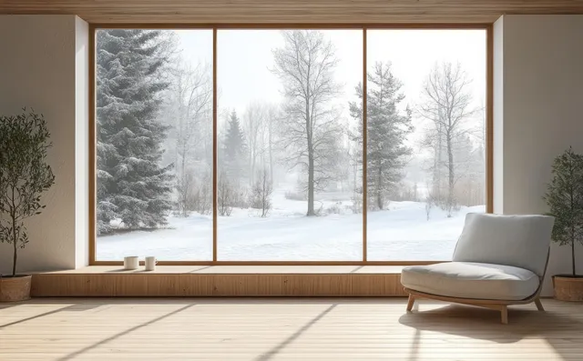 Minimalist living room with a chair and low table, framed by wide windows showing snowy trees outside.