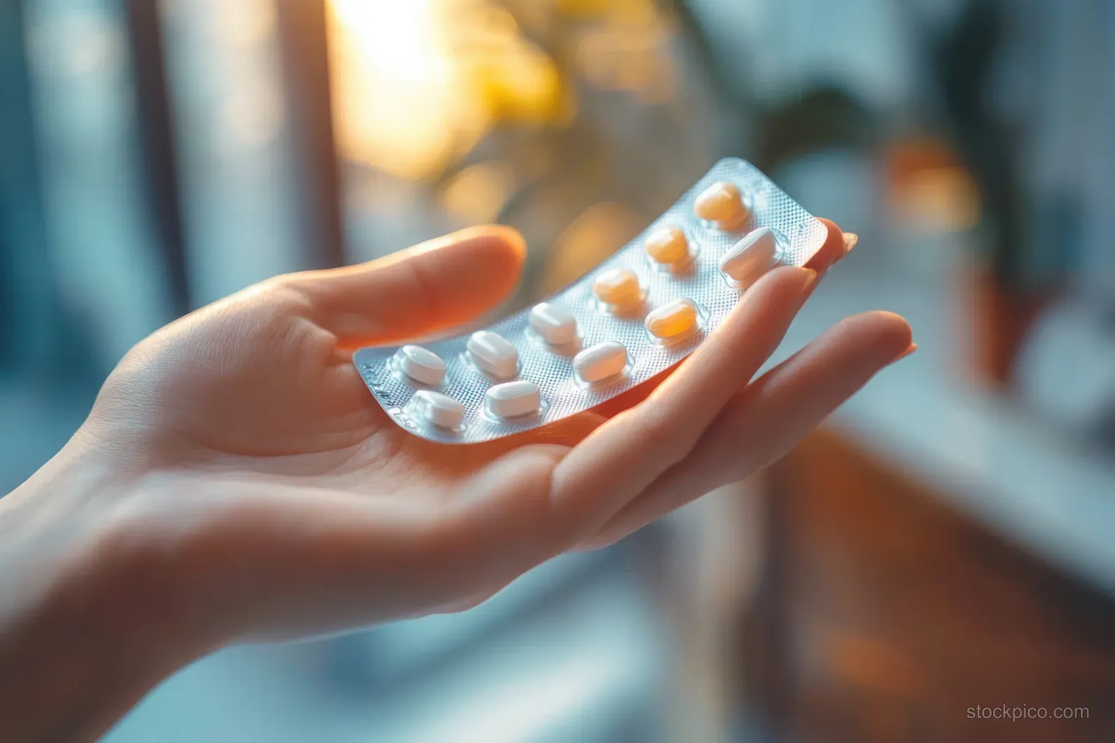 A young woman holds an open blister pack of tablets in a softly lit home setting.