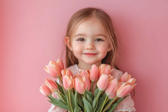Smiling child holds a pastel tulip bouquet against a solid pink Mother's Day background