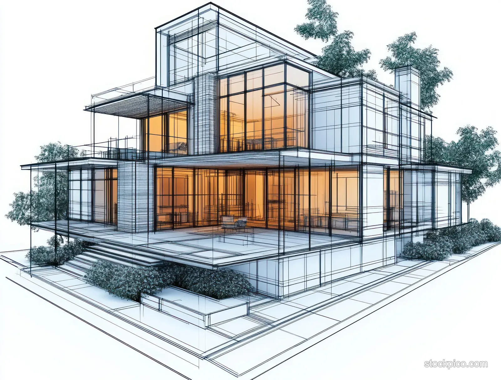 Wireframe 3D model of a modern multi-level house with large glass windows, landscaped terrace, and warm interior lighting.