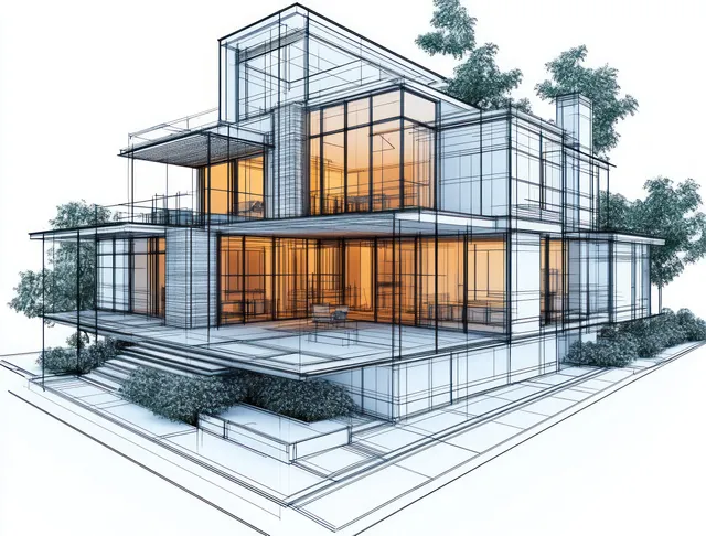 Wireframe 3D model of a modern multi-level house with large glass windows, landscaped terrace, and warm interior lighting.