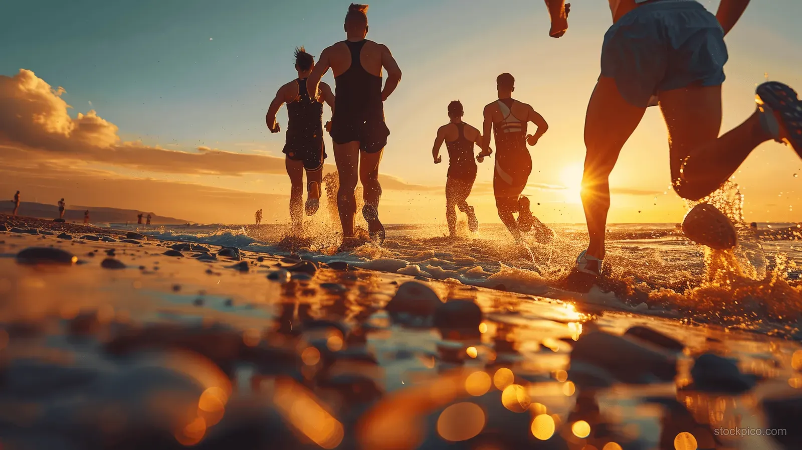 Friends run toward the camera on a sandy beach at sunrise, with visible shoe soles and teammates in the background.