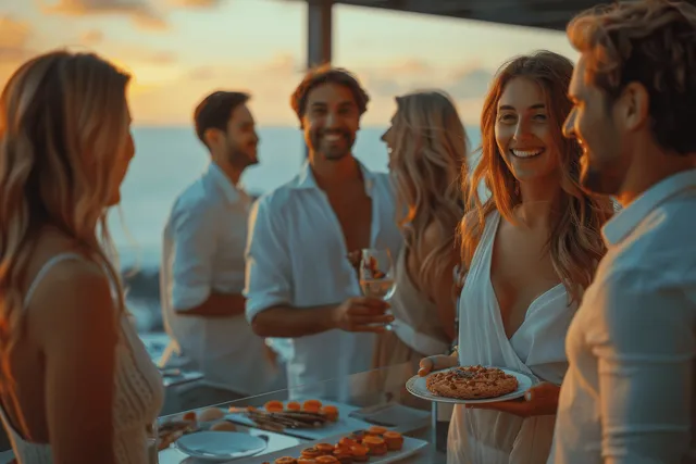 Young adults sit and stand around a rooftop table, smiling as they toast drinks at sunset.