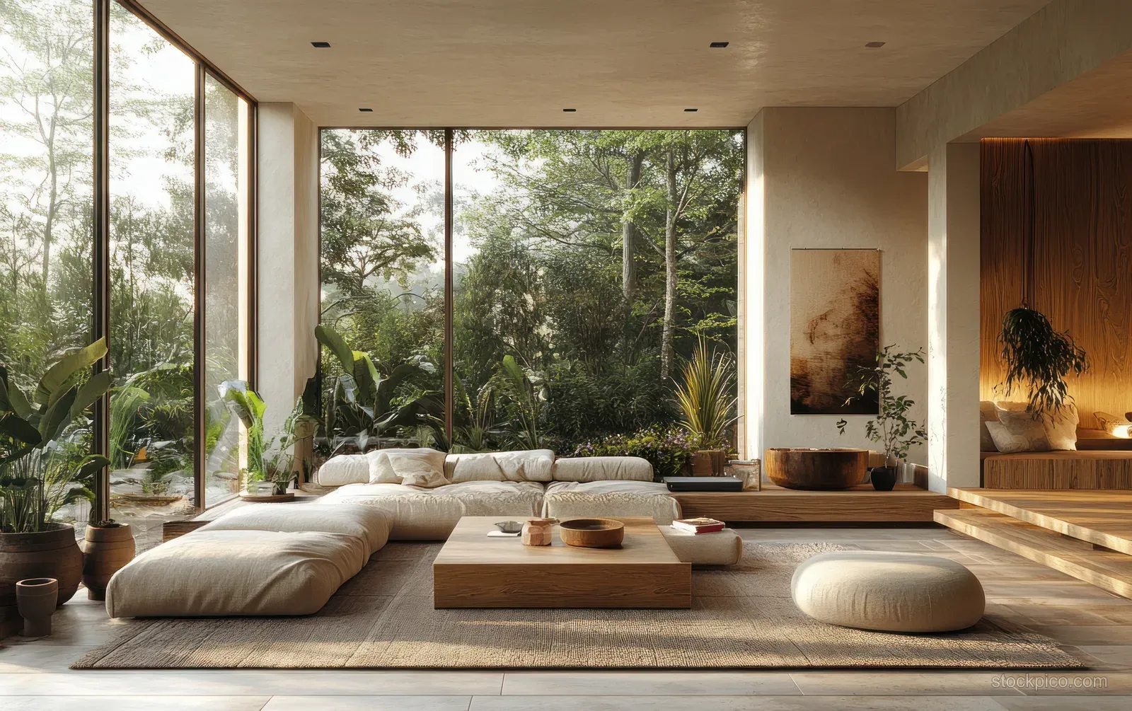 Minimalist Scandinavian living room with curved sofas, wooden coffee table, and floor-to-ceiling windows showing trees.