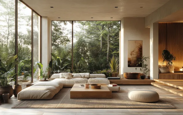 Minimalist Scandinavian living room with curved sofas, wooden coffee table, and floor-to-ceiling windows showing trees.