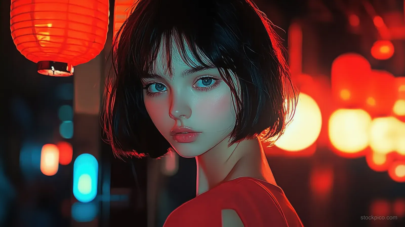 A young woman in a cyberpunk club looks forward as red lantern light and neon bokeh glow behind her.