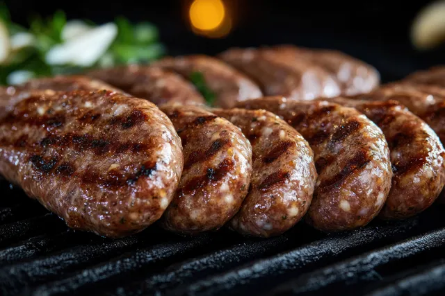 Juicy grilled sausage links sizzling on a black barbecue grate with visible charred grill marks.