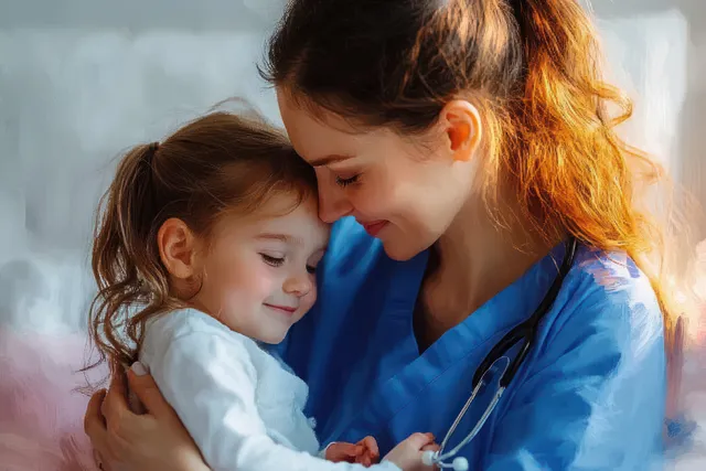 A caregiver embraces a young child in a hospital room while wearing medical attire and holding close.
