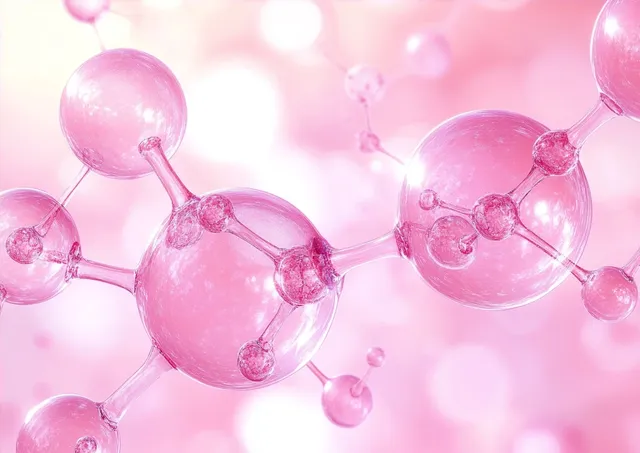 Close-up pink molecular model with transparent spheres connected by bonds on soft bokeh background