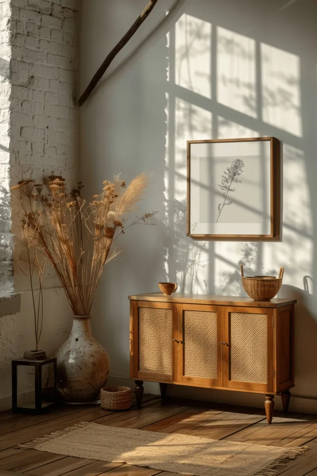 Minimalist living room corner with wooden parquet floor, poster mockup frame, and sunlit window