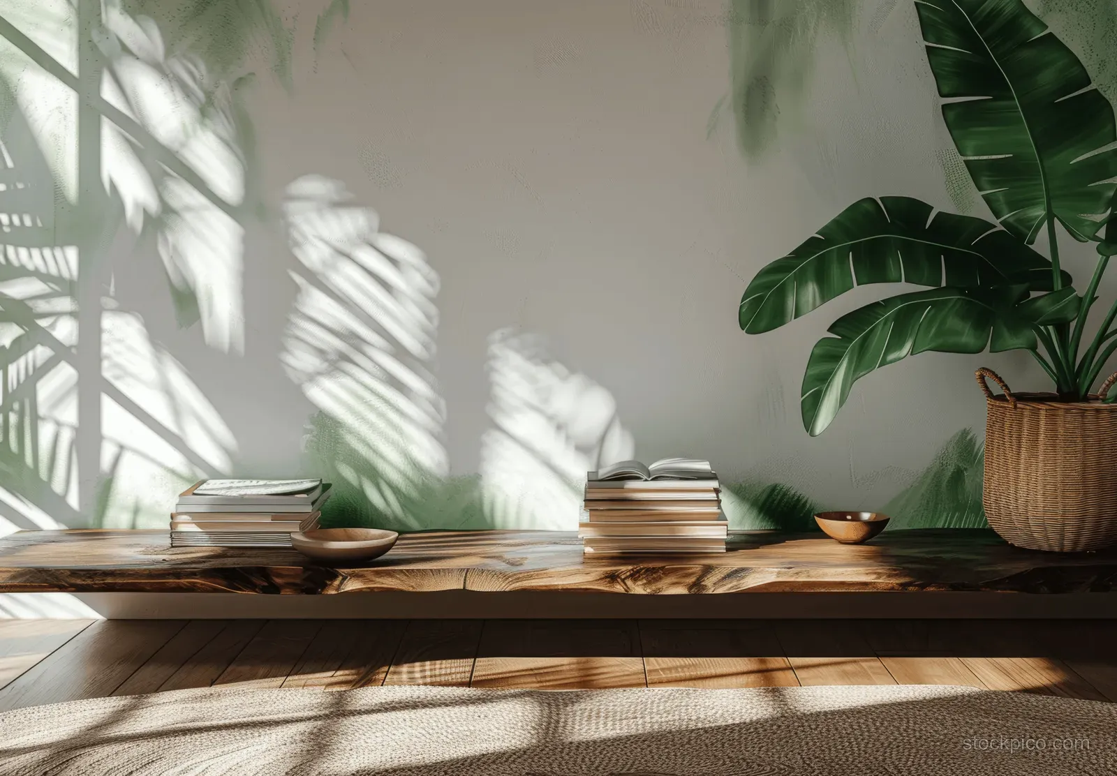 Boho living room interior with wooden table, stacked books, potted plant, and palm leaf wall under bright sunlight shadows.