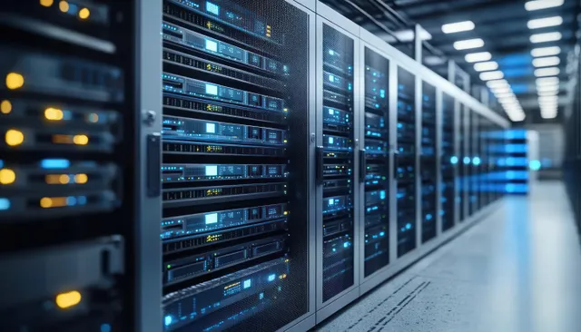 Futuristic server room aisle with illuminated racks and blue status LEDs