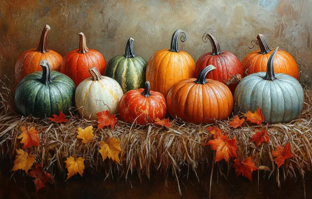 Pumpkins and gourds arranged on a straw bale with autumn leaves.