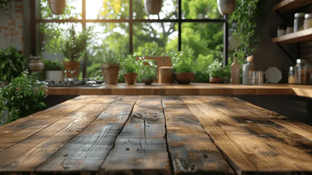 Weathered wooden tabletop in the foreground with blurred kitchen background and sunlit window greenery.