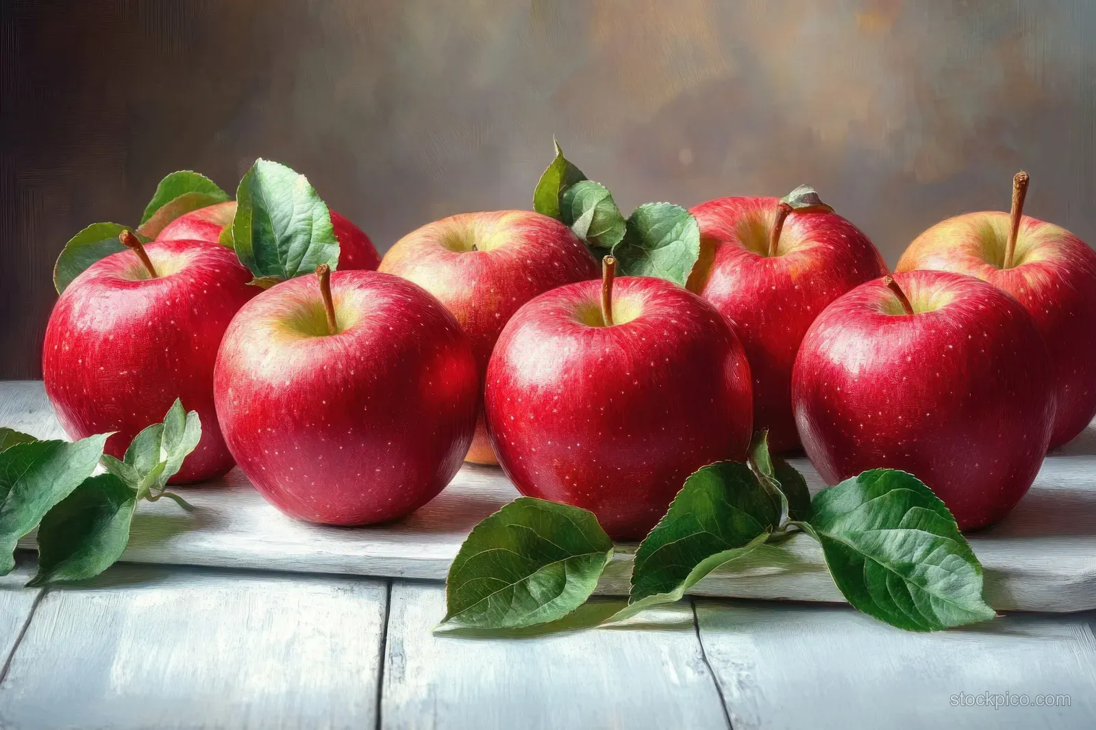 Fresh red apples with green leaves arranged on rustic white wooden boards under warm soft light.
