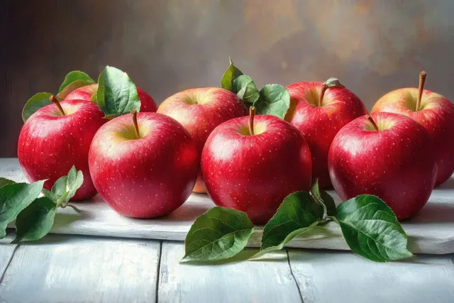 Fresh red apples with green leaves arranged on rustic white wooden boards under warm soft light.