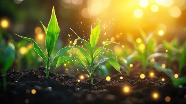 Corn seedlings sprout from soil with warm glowing bokeh lights in the background.