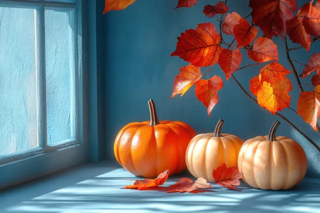 Small pumpkins and maple leaves rest on a deep blue table beside a window with soft side lighting.