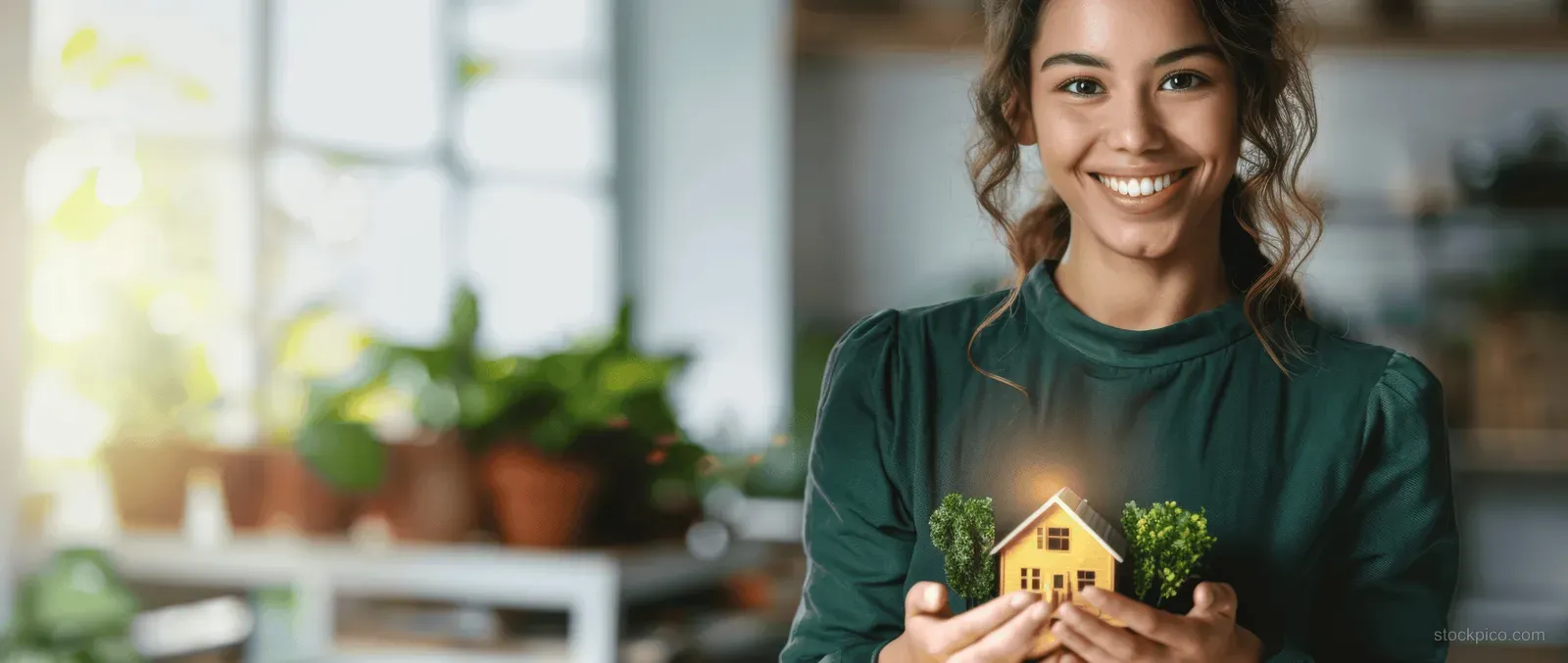 Woman holds a miniature yellow house model in a bright real estate office with blurred clients behind.