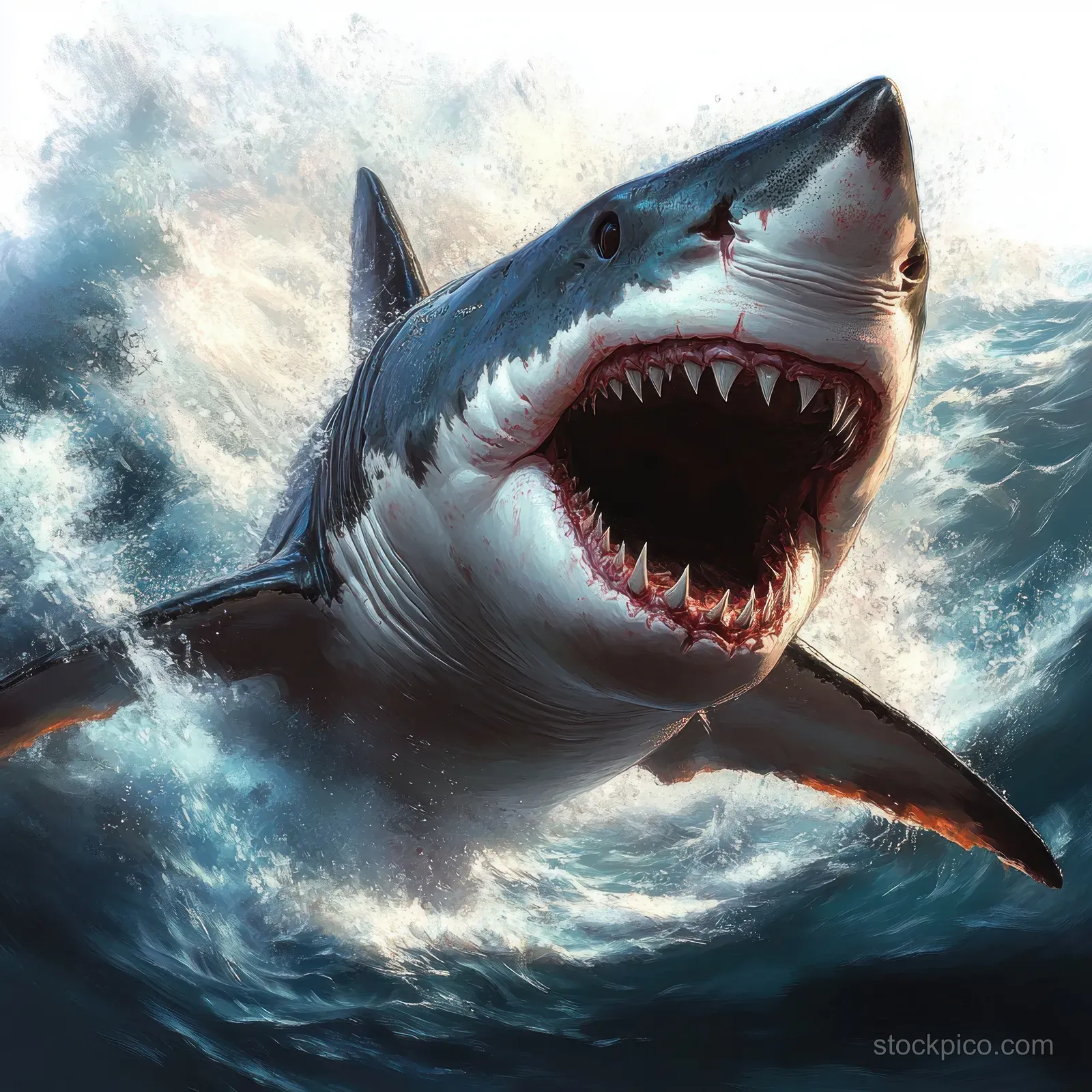 A great white shark leaps from foamy ocean waves with its mouth open and teeth bared.