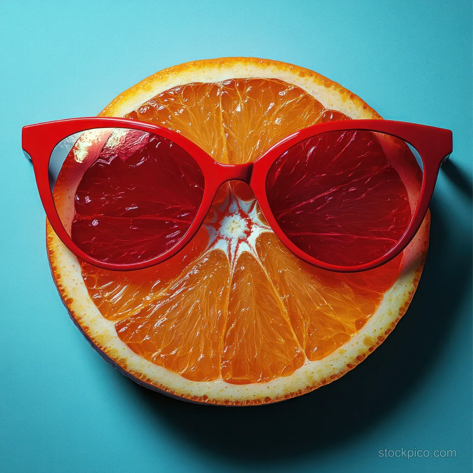 Floating orange slice wearing red sunglasses and a straw on a pastel blue gradient background.