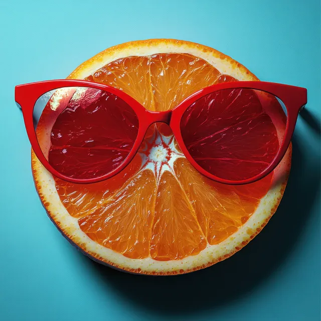 Floating orange slice wearing red sunglasses and a straw on a pastel blue gradient background.