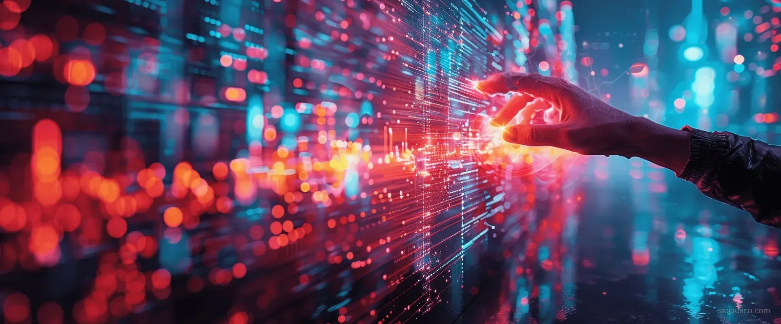 A person’s hand reaches toward a glowing predictive analytics dashboard surrounded by streaming data points.