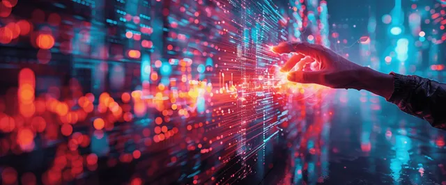 A person’s hand reaches toward a glowing predictive analytics dashboard surrounded by streaming data points.