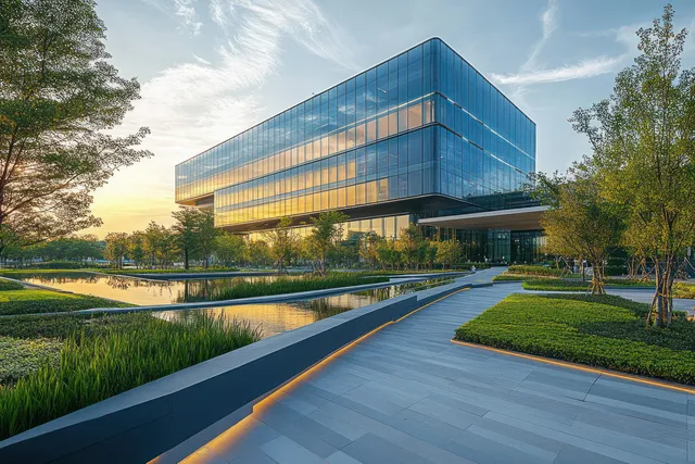 A glass office building reflects the sunset above garden paths, trees, and a still water feature.