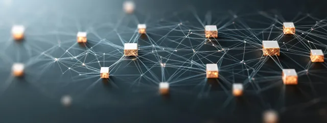 Abstract network nodes connected by glowing lines over a dark digital background